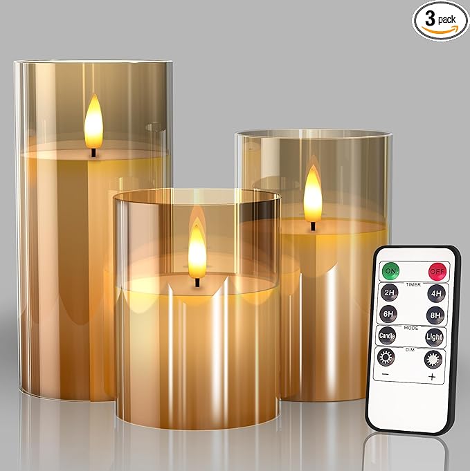 Gold glass battery operated LED flameless candles with remote and timer for weddings, parties, home decor
