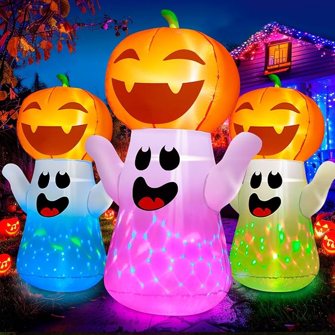 5FT Halloween inflatable pumpkin ghost with colorful flashing lights for indoor and outdoor decoration