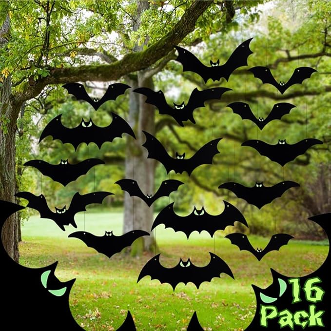 Hanging Bats Halloween Decorations with glowing eyes, large flying black bats in five sizes, perfect for outdoor spooky decor