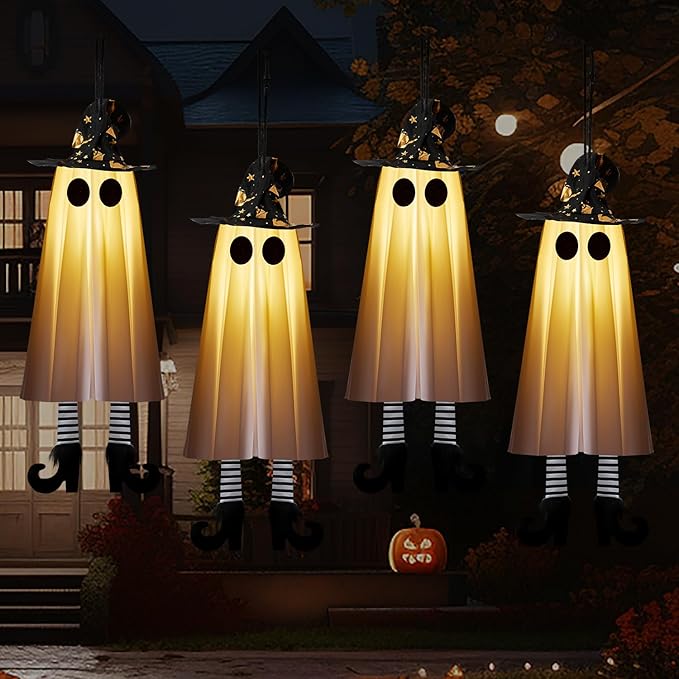 Halloween decorations outdoor indoor with hanging ghost decor and spooky swinging witch hat ghosts.