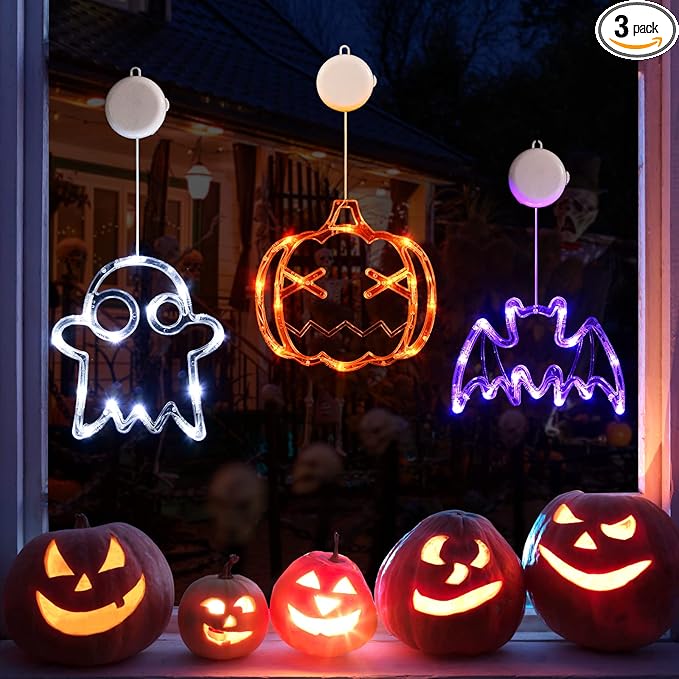 Halloween window lights with orange pumpkin, white ghost, and purple bat designs, battery operated with timer