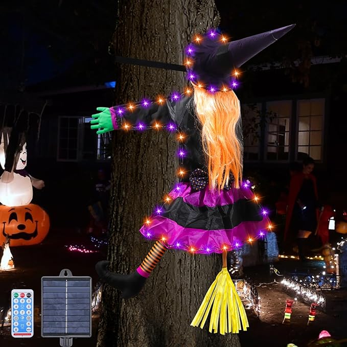 Solar Halloween Witch decoration for tree, yard, patio, inventive outdoor Halloween lighting.