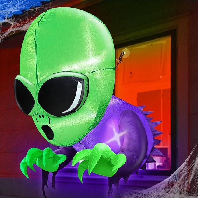 4 ft Halloween inflatable alien decoration with LED lights for outdoor spooky theme