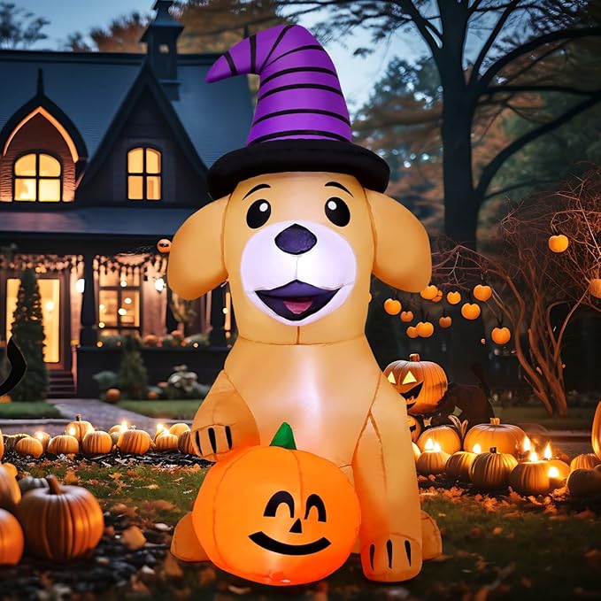 5 FT Halloween Inflatable Dog Pumpkin for yard, LED-lit garden and lawn decoration.