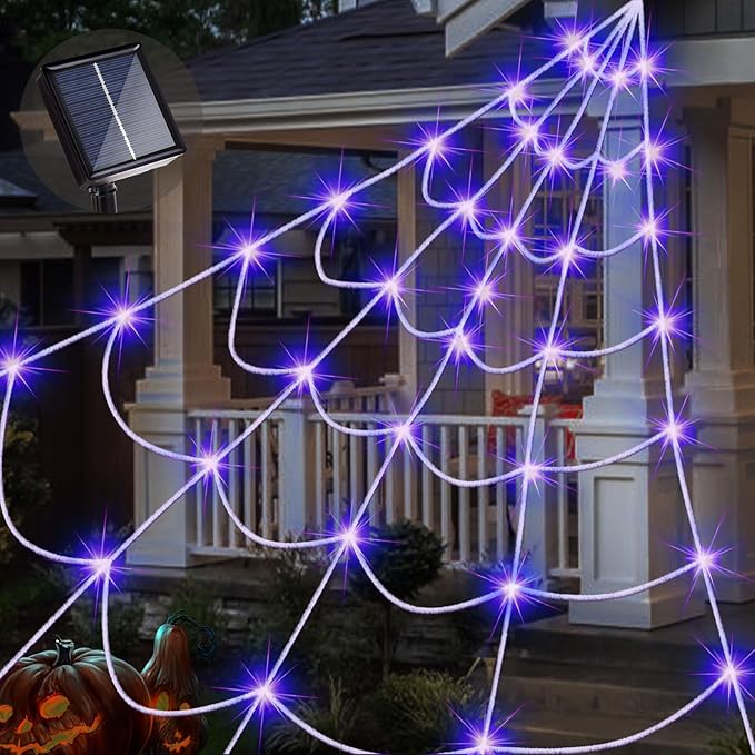 Outdoor Solar Powered Halloween Decorations Spider Web Lights with 135 Purple LED for Spooky Decor