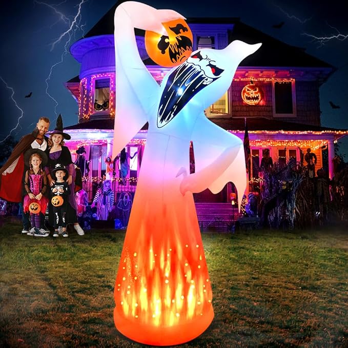 10 FT Halloween Inflatable Ghost with Pumpkin featuring LED lights for spooky outdoor decoration.