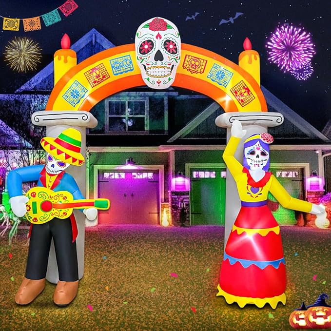 9 ft Day of The Dead Halloween Inflatable Archway Dia De Los Muertos Skull Skeleton LED Light Decor for Lawn Yard Garden