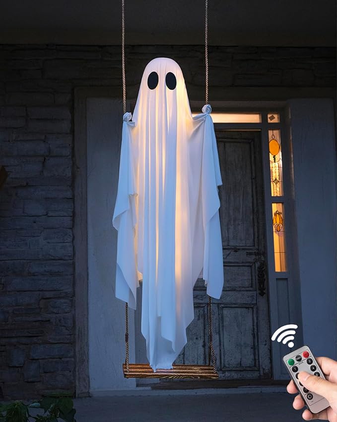 5 FT Swinging Ghost Halloween Decor with Lights for Porch and Yard