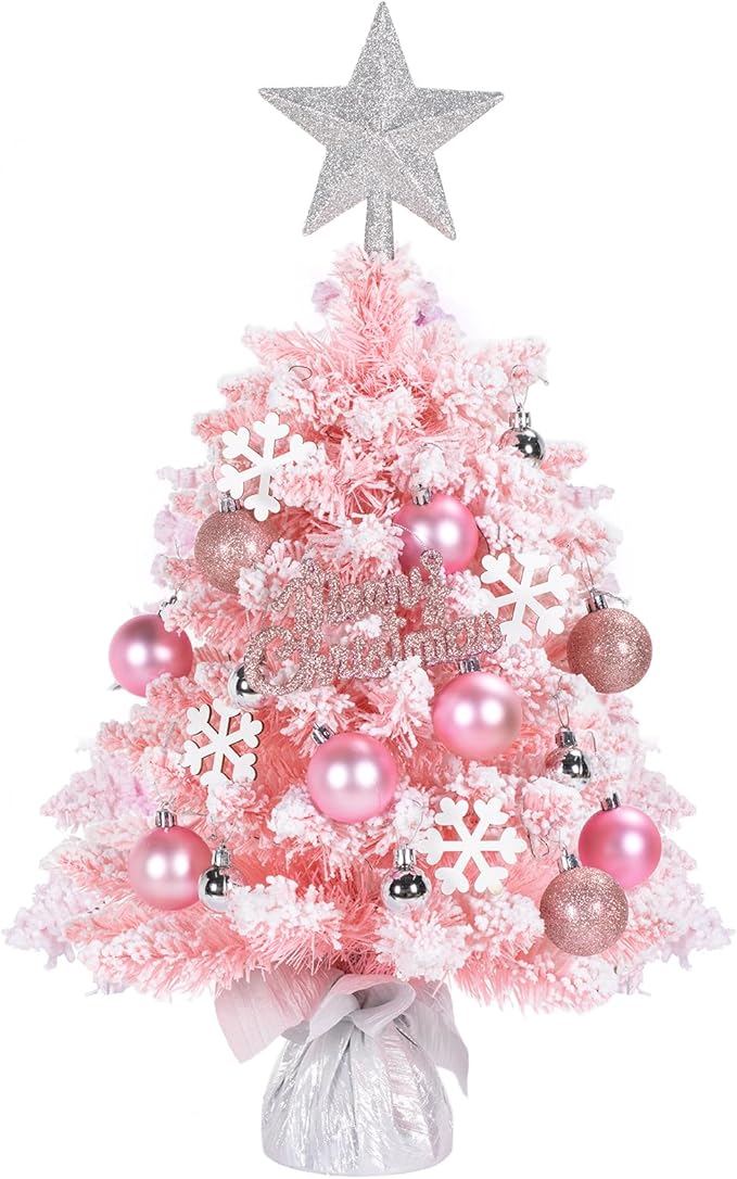 NALONE Pink Mini Christmas Tree with Lights, Snow Flocked, 80 Branch Tips, 27 Ornaments