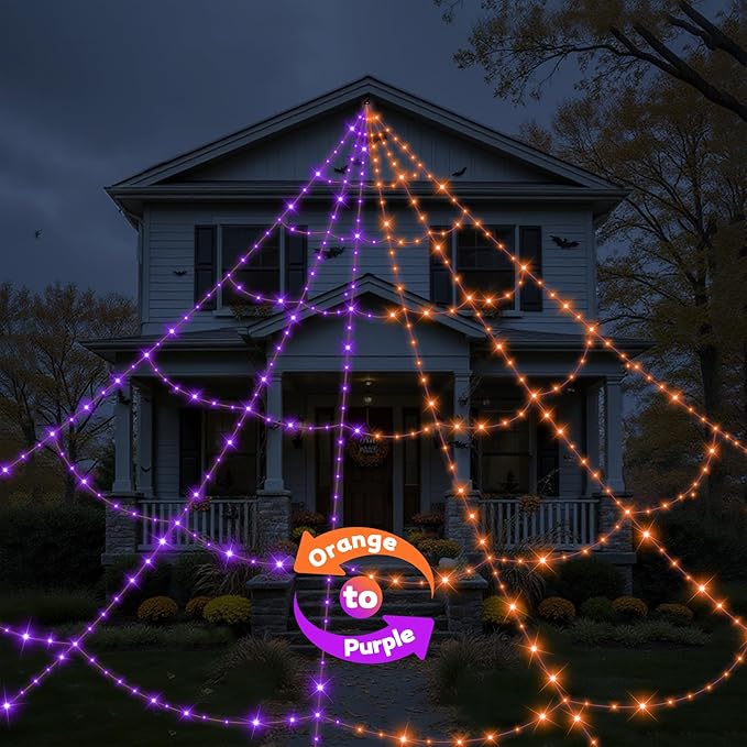 Outdoor Halloween spider web lights with 550 LEDs in purple and orange, remote control, waterproof, 11 modes.