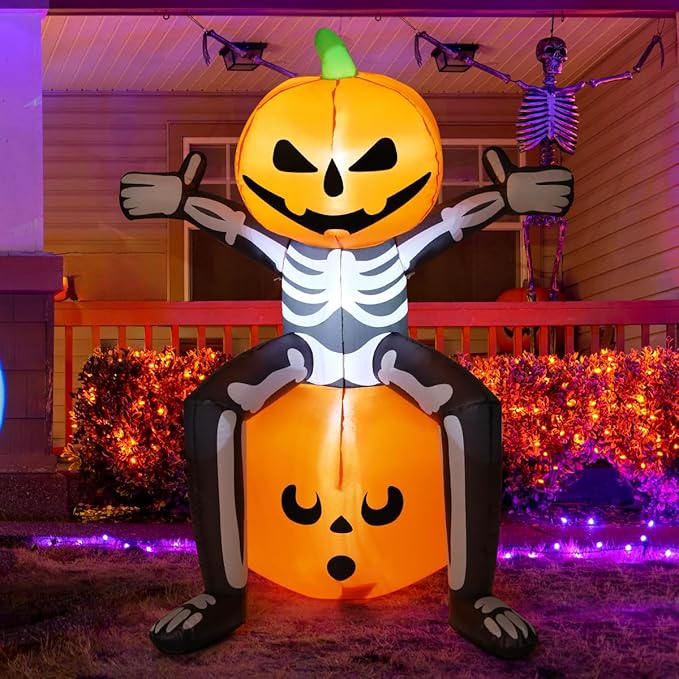 COMIN 5FT Halloween Inflatable Skull Skeleton with LED Pumpkin Head for Yard Decoration