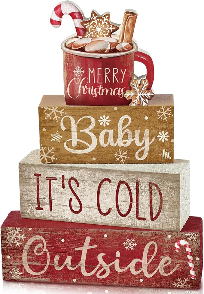 Moucuny 4-piece Christmas table decor, wooden hot cocoa block signs, farmhouse Xmas decoration, winter tiered tray centerpiece.