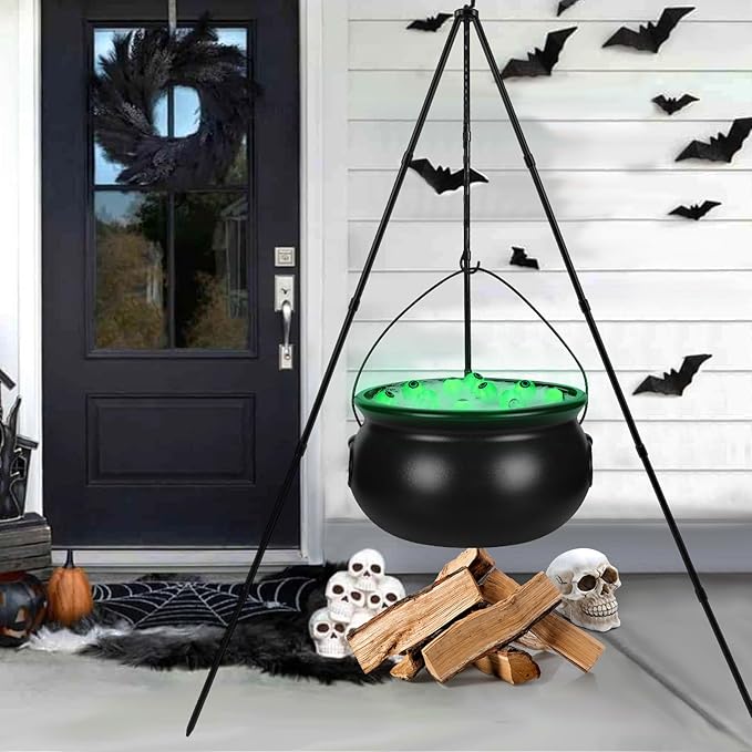 Halloween Decorations Outdoor Witches Cauldron with String Lights Candy Bucket for Porch Decor