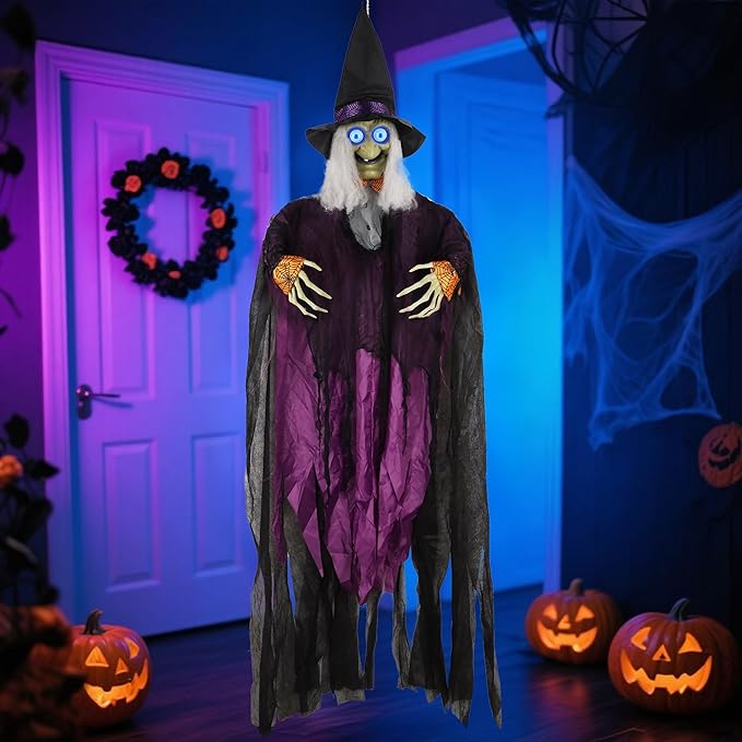 Prsildan 6.6FT Animated Hanging Witch Halloween Decorations with LED Eyes and Scary Sounds for Outdoor Yard and Porch