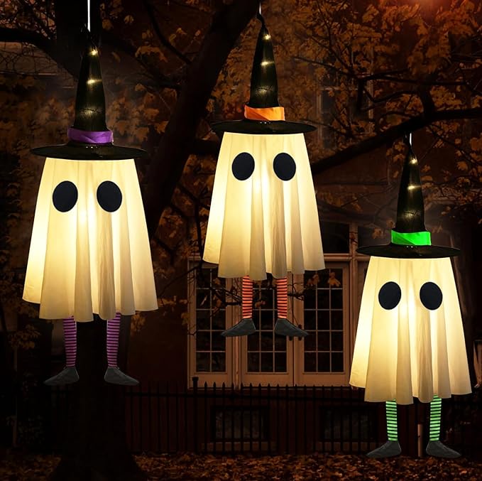 Halloween Hanging Ghosts with Glowing Witch Hats for Outdoor Decorations, Yard Patio Decor