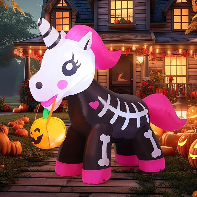5 FT Pink Halloween Inflatable Skeleton Unicorn, Yard Decoration with Built-in LEDs