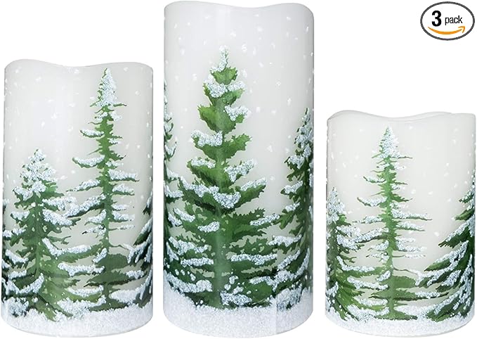 Wondise Flickering Flameless Pillar Candles, Battery Operated, Real Wax, Pine Tree Design, Christmas Home Decor