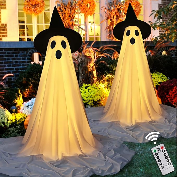 Halloween ghost party decor with remote control LED string lights for outdoor and indoor use.