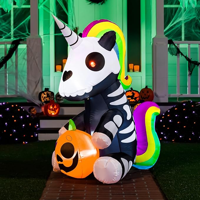 Joiedomi 5 FT Halloween Inflatables Skeleton Unicorn with LEDs for outdoor yard decorations.