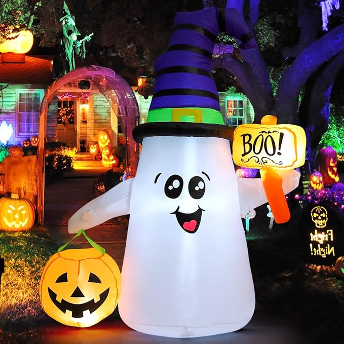 GOOSH 5 FT Halloween inflatable ghost decoration with pumpkin and LEDs for outdoor yard and party decor
