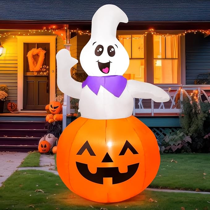 5 FT Halloween Inflatable Pumpkin Ghost outdoor decoration with built-in LEDs, perfect for garden and yard