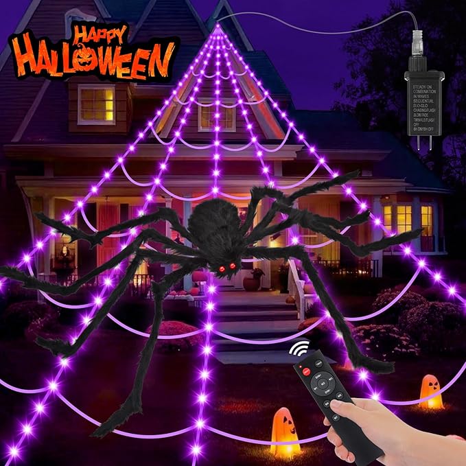 Halloween decorations spider web outdoor, 250 purple LED lights, giant spiders, haunted house decor.