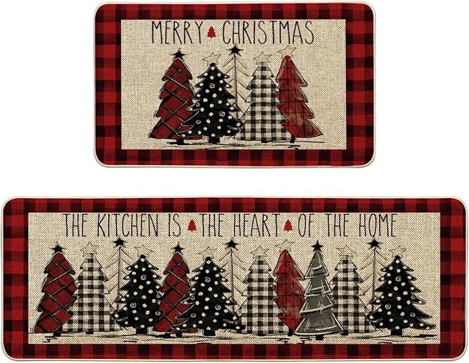 Artoid Mode red buffalo plaid Christmas kitchen mats, festive winter decor rug set.