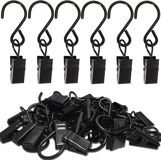 Versatile Black Stainless Steel S Hooks for Hanging Party Lights and Curtain Clips - 50 Pack