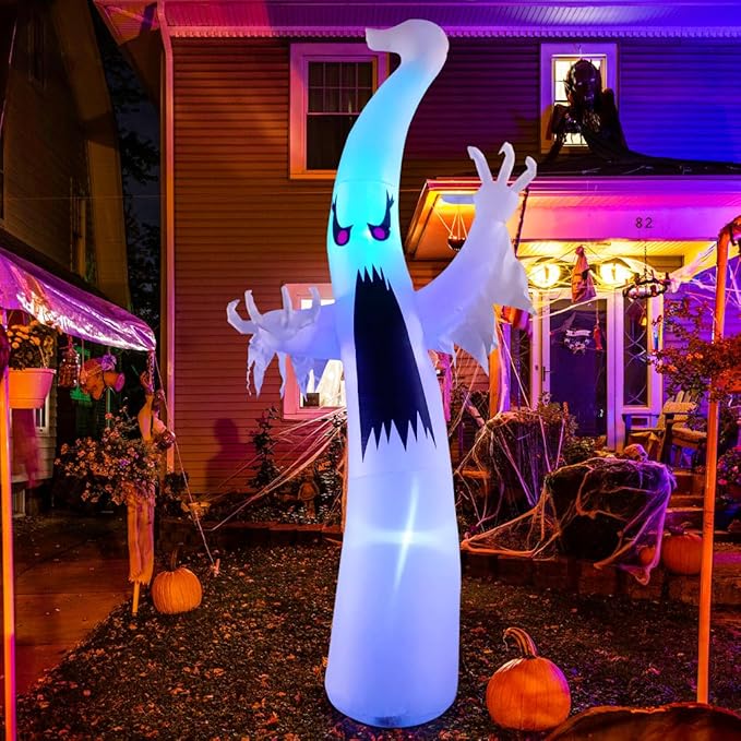 Halloween inflatable ghost with colorful LEDs, 6 ft yard decoration, spooky garden decor