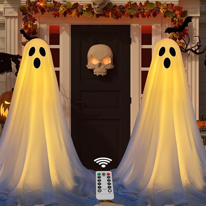 DAZONGE Halloween Ghost Decorations Outdoor with Remote String Lights, Battery Operated for Spooky Porch Decor
