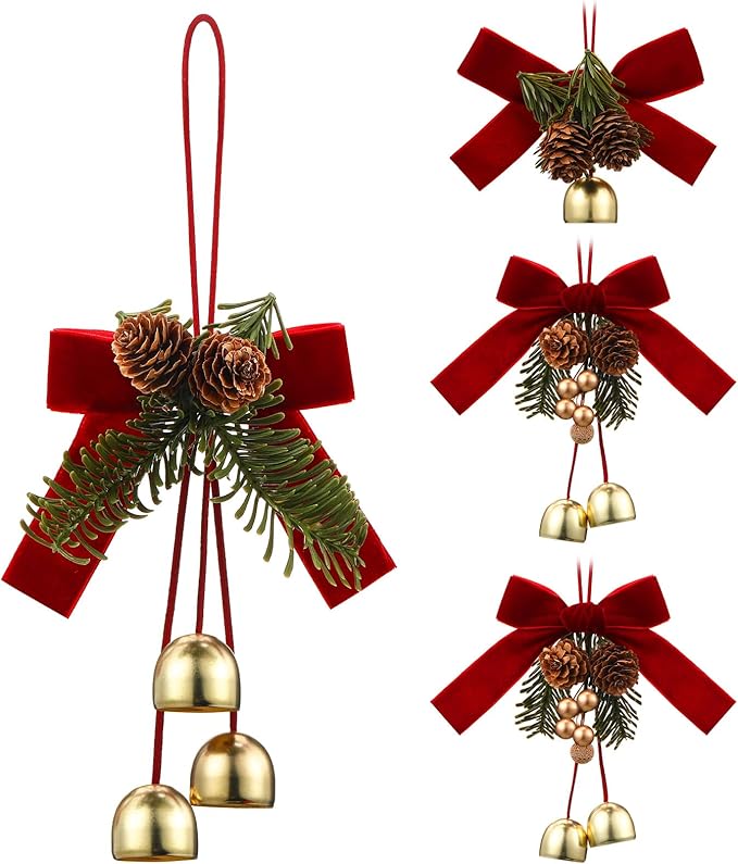 Red Christmas bow decorations with bells and pine cones for wreaths and trees.