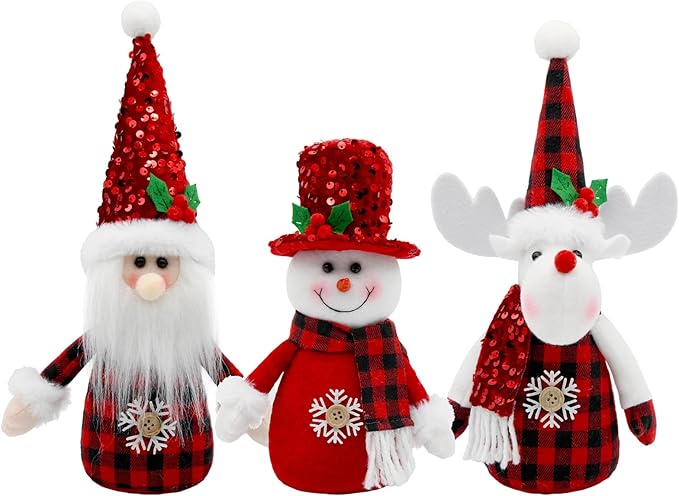 KnomeKo Red Buffalo Plaid Christmas Decorations Indoor: 3 Pack Plush Snowman, Santa, Reindeer Figurines, Glitter Elf Ornaments, Holiday Tabletop Mantel Display