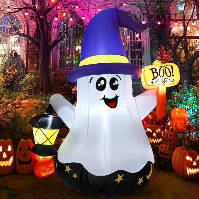 5 FT Halloween inflatable wizard ghost decoration with built-in LEDs perfect for outdoor lawn and garden decor.