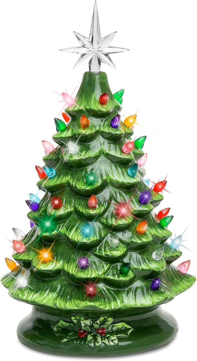 Pre-lit 15 inch ceramic Christmas tree with multicolored bulbs and star topper for festive decor