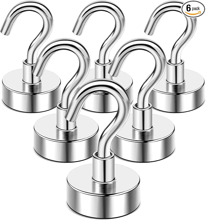 DIYMAG Hooks for Hanging String Lights, 30lbs capacity, Cruise Cabin Essentials N52 Magnets for Kitchen, Grills, 6 Pack, Silver