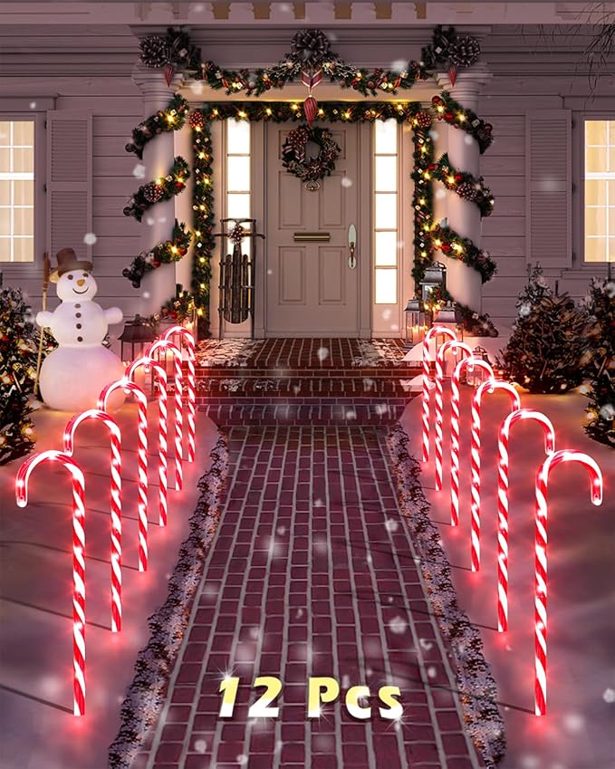 Christmas Candy Cane Pathway Markers, 12 Pack outdoor decorations with 72 warm lights for holiday yard decor.