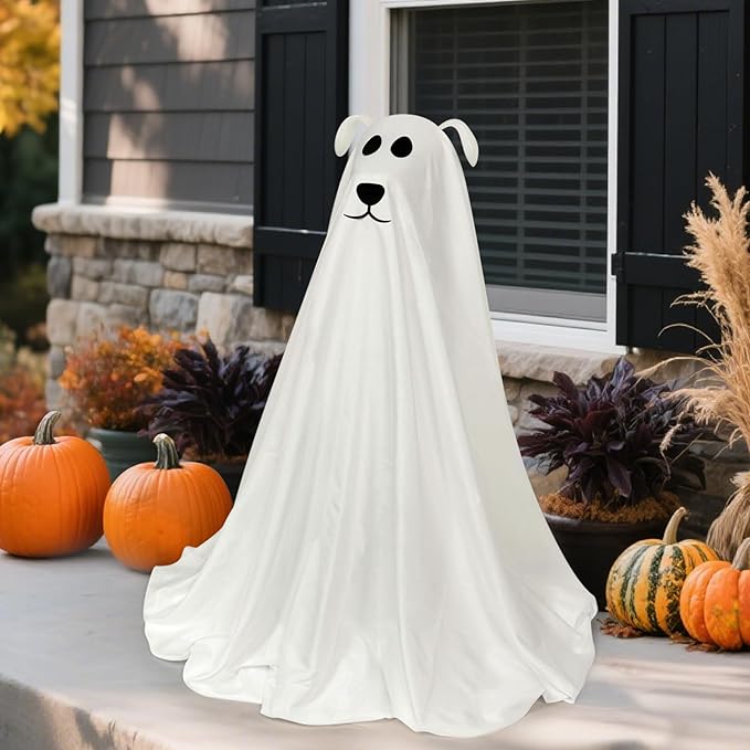 Freestanding spooky ghost dog decoration with remote string lights for Halloween porch yard decor