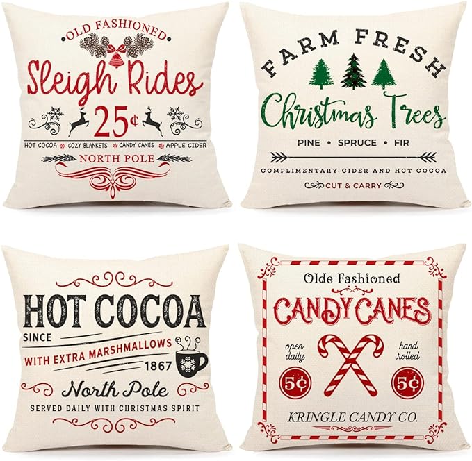 Farmhouse Christmas pillow covers set of 4, rustic winter holiday decor for sofa and couch