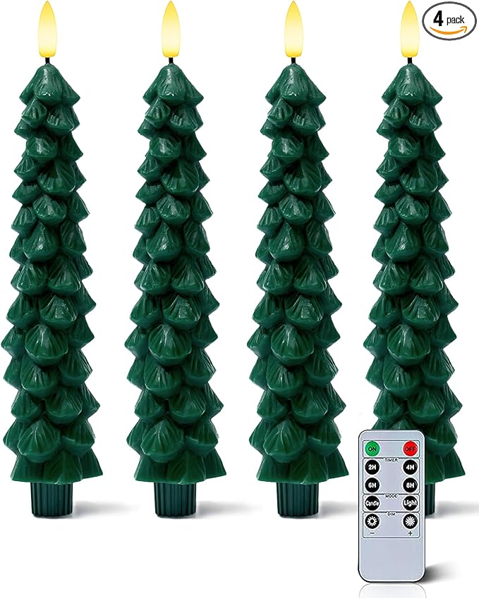Real wax lifelike Christmas tree taper candles with 3D flickering flame, holiday home decor