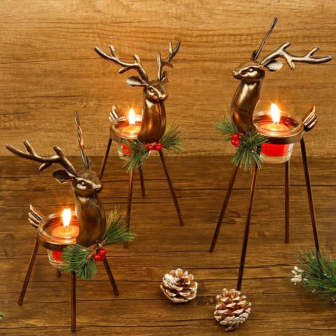 Juegoal Set of 3 Reindeer Tealight Candle Holders, Iron Metal Christmas Decorations, Votive Glass Holder, Holiday Display, Durable Centerpiece
