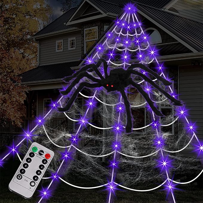 Outdoor Halloween spider web decorations with 125 purple LEDs, large and small spiders, and stretch cobweb for yard decor