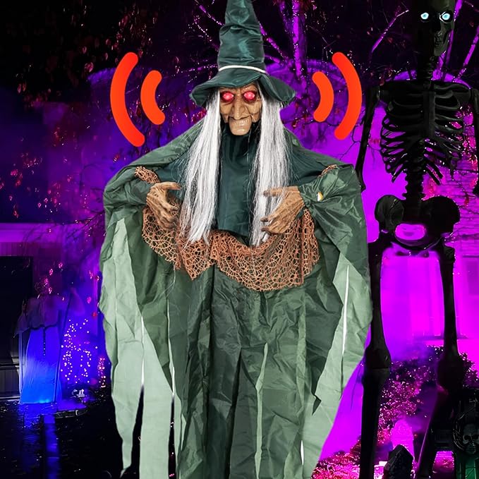Halloween Animatronic Witch with Light-up Eyes, Motion Activated Outdoor Decoration 2025