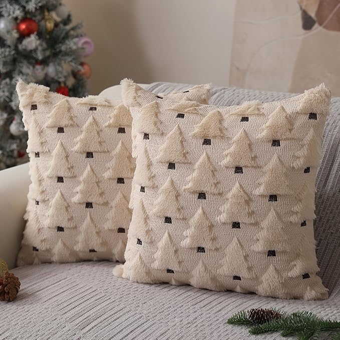 Allorry Christmas Pillow Covers, soft plush faux fur wool, beige Xmas decorations, sofa throw cases