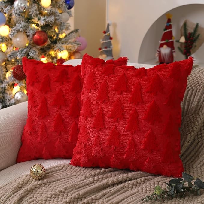 DFXSZ Christmas Tree Pillow Covers 18x18, Red Plush Faux Fur for Holiday Sofa Decor