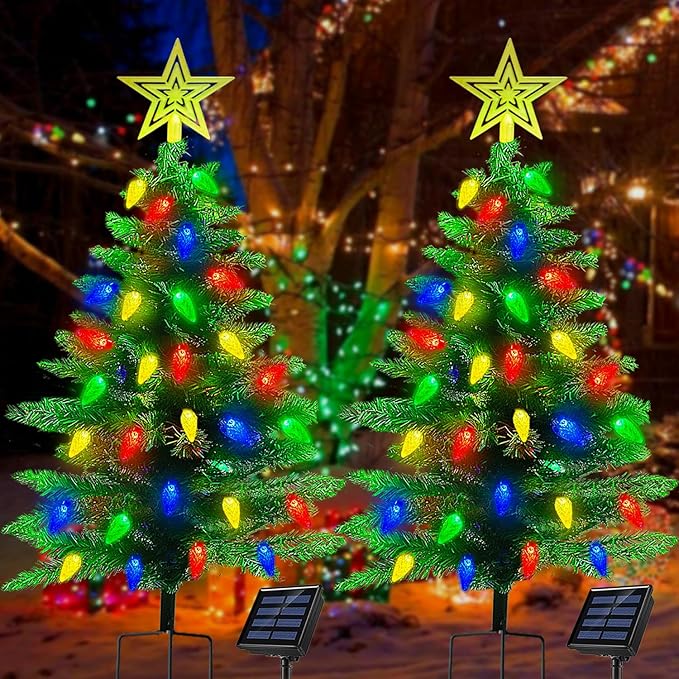 Solar Christmas tree with LED lights, waterproof outdoor decorations for yard path and porch.