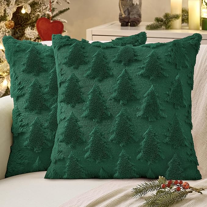 MIULEE Christmas Throw Pillow Covers Dark Green, Xmas Tree Decor 18x18 Soft Plush Faux Wool Pillowcases for Sofa, Couch, Bed, Porch