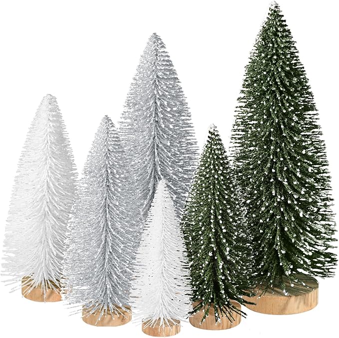6pcs Mini Christmas Trees for Holiday Tabletop Decor, Artificial Bottle Brush Trees in Green, Silver, White