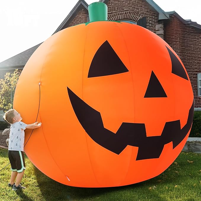 10 FT Halloween inflatable pumpkin with rotating LEDs, perfect for outdoor yard decorations.