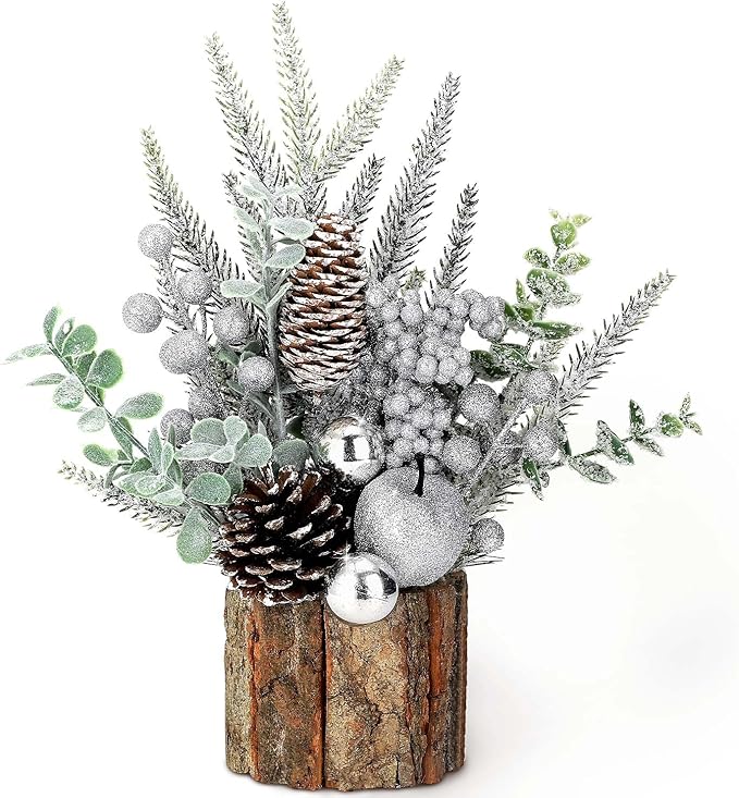 Mini Christmas Tree with Red Berry Ornaments and Pine Cone, Tabletop Holiday Decor