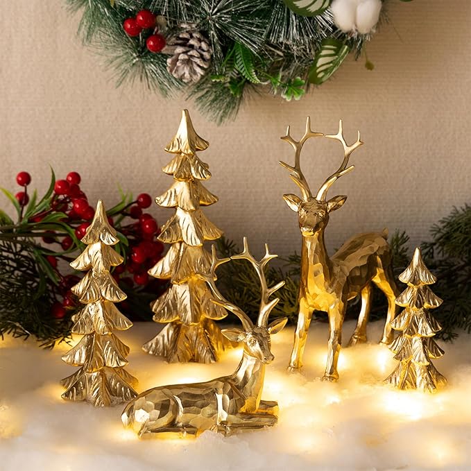 Gold reindeer Christmas decoration set, resin figurines, mini Christmas trees, holiday tabletop decor, reindeer ornaments.